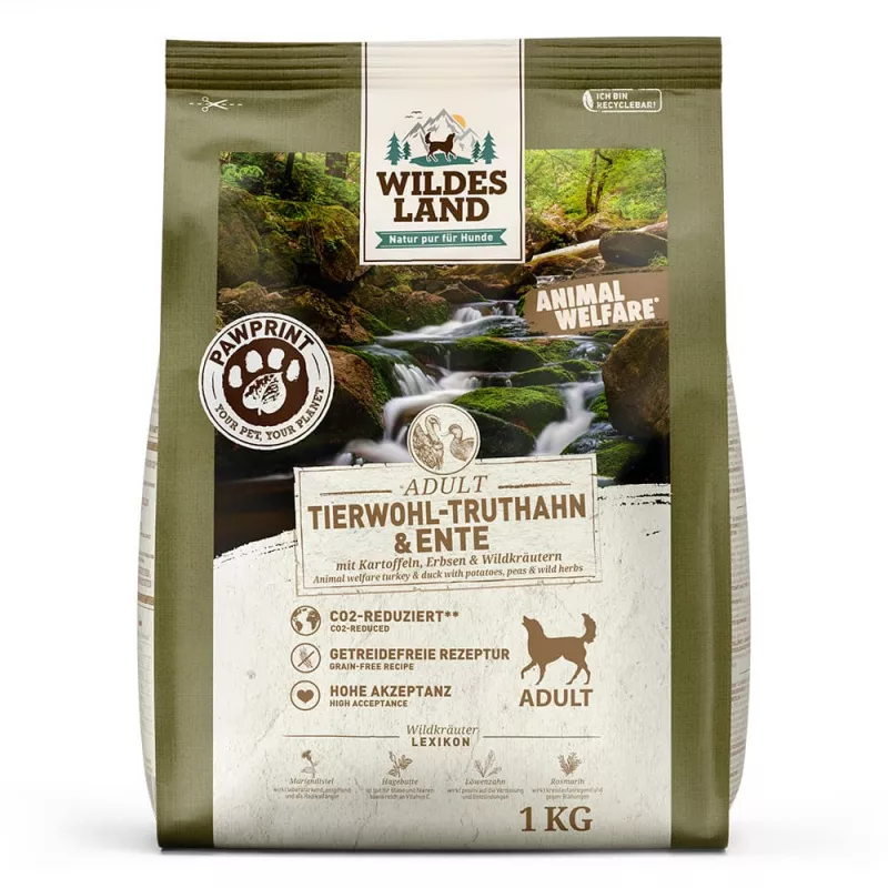 Wildes Land Trockenfutter Tierwohl-Truthahn & Ente mit Kartoffeln, Erbsen & Wildkräutern 1kg